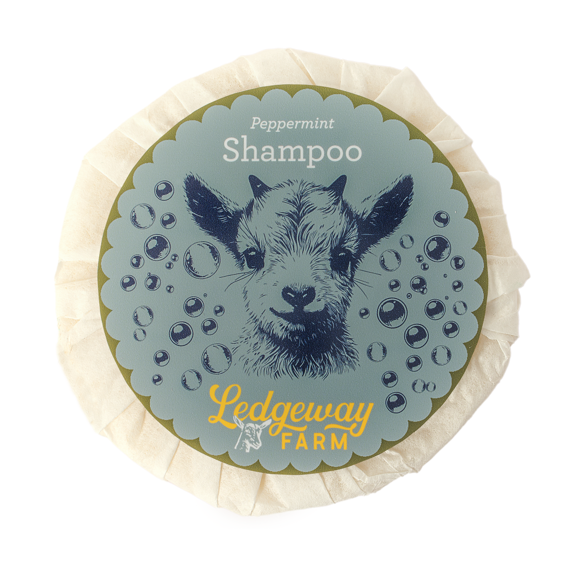 Shampoo bar with Ledgeway Farm branding and a lamb illustration on a white background