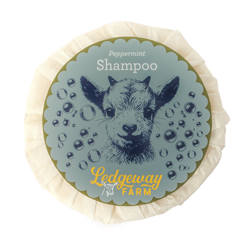 Shampoo bar with Ledgeway Farm branding and a lamb illustration on a white background