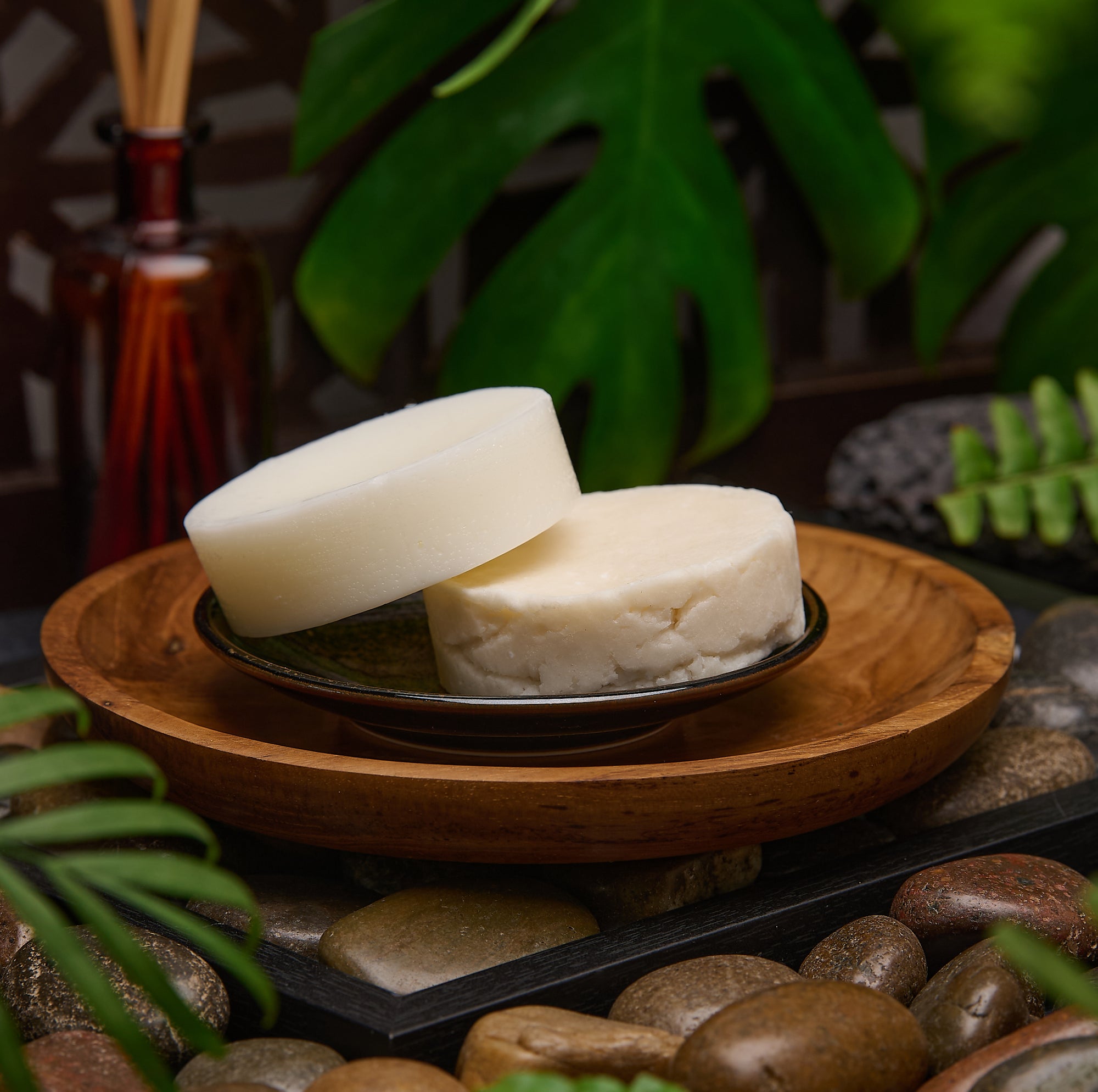 Two white soap bars on a wooden tray with a natural background of rocks and plants.