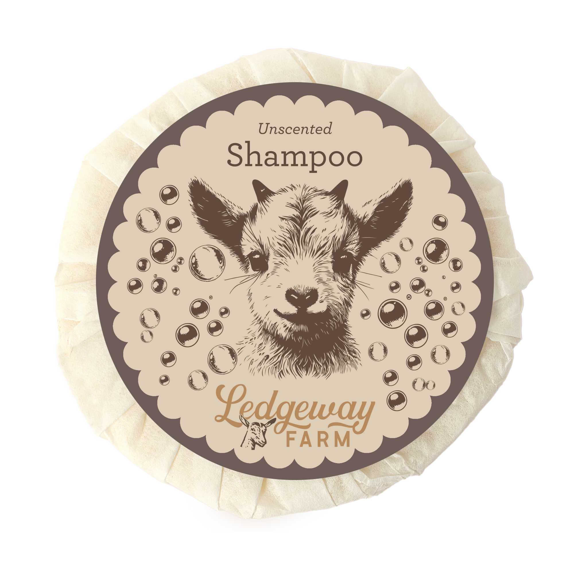 Shampoo label with a goat illustration and 'Ledgeway Farm' branding on a beige background.