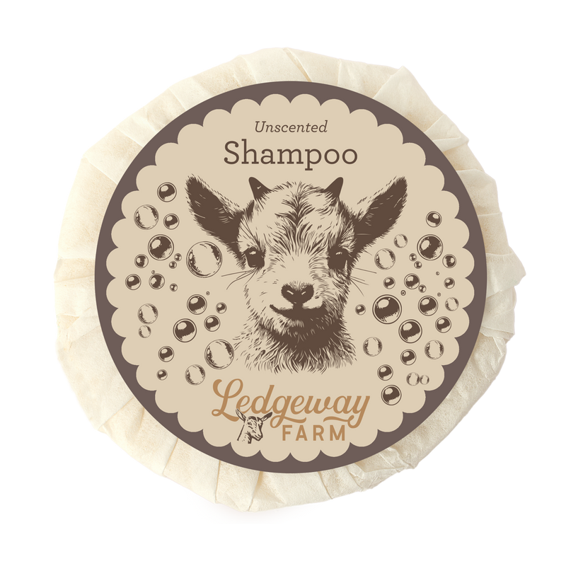 Shampoo label with a goat illustration and 'Ledgeway Farm' branding on a beige background.